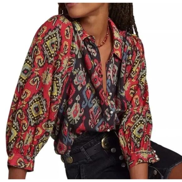 Anthropologie Forever That Girl Ikat Paisley Contrast Print Top Button Blouse XS - Picture 16 of 16